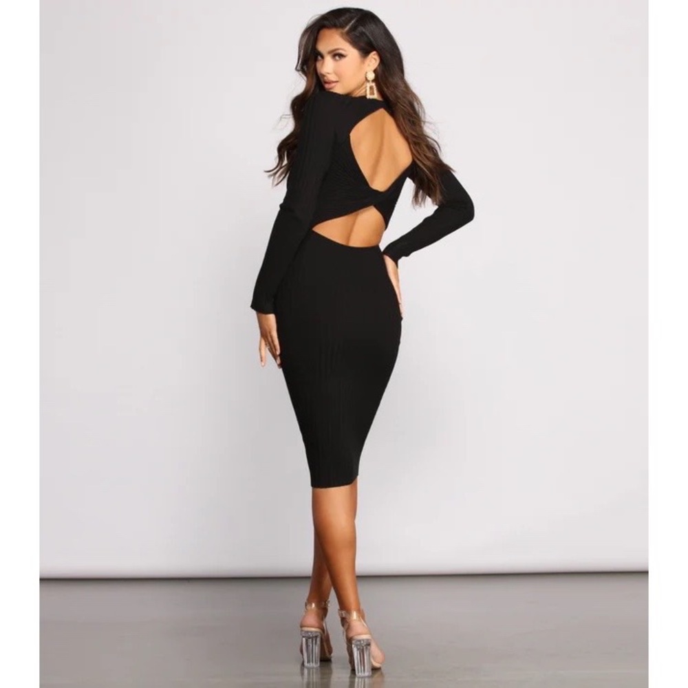 Windsor Black Ribbed Long Sleeve Wrap Open Back Bodycon Mid Calf Dress Size L
